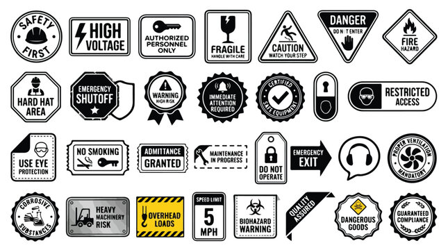 Industrial safety signs and warning labels collection, 28 black and white occupational hazard icons, workplace security and caution stickers