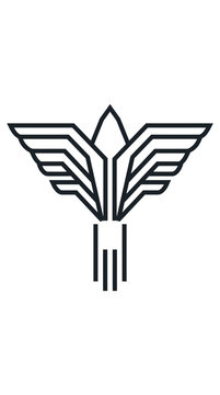 Abstract geometric wing logo with vertical parallel lines.