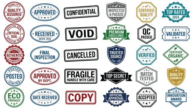 Vintage rubber stamp collection with 30 office seals, grunge business certification stamps, quality assurance and document status vector icons