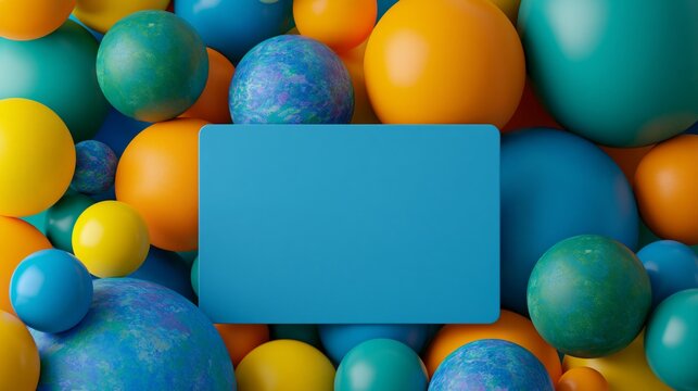 Colorful spheres and balls in random arrangement with blue placeholder rectangle.