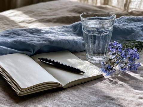 Journal and Water Glass with Blue Flowers on a Cozy Textured Surface
