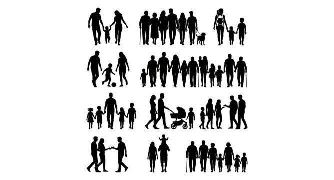 Black silhouettes of people walking, family, and friends in various poses