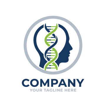 Genetic research logo with human head and DNA helix.