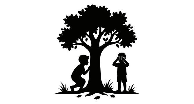 Children playing hide and seek behind tree