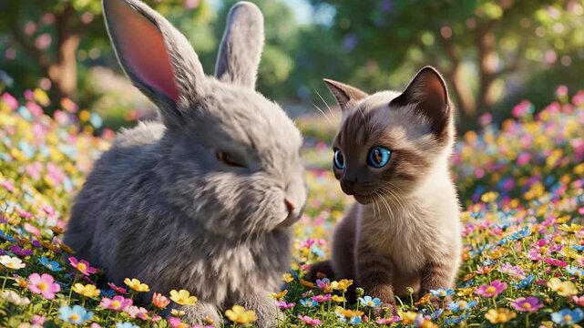 Adorable Baby Rabbit and Kitten Together in a Colorful Meadow Filled with Wildflowers
