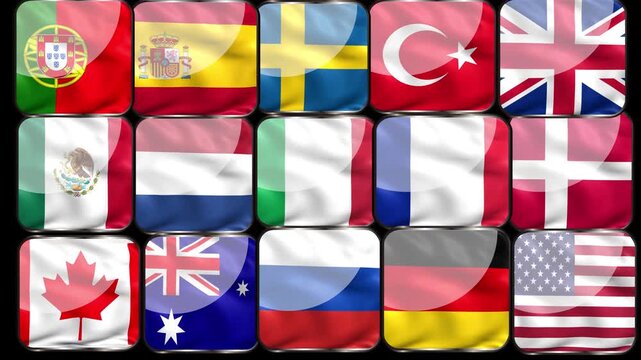 International Flags Waving Animation Collection &ndash; Global Countries Flag Grid Background