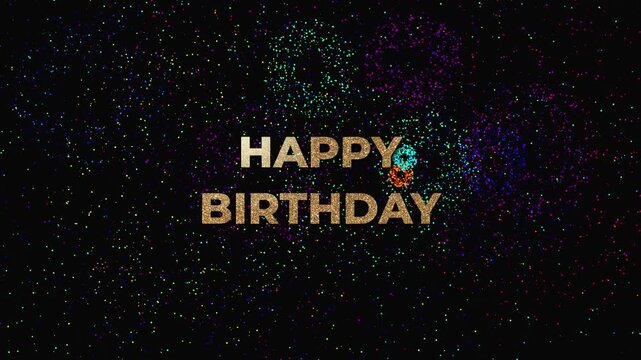 HAPPY BIRTHDAY text in a golden font growing on a black background with fireworks