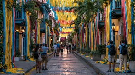 Obraz premium Travelers on Decorated Colombian Colonial Street