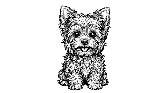 Cute cartoon Yorkshire Terrier puppy line art illustration sitting front view isolated on white background