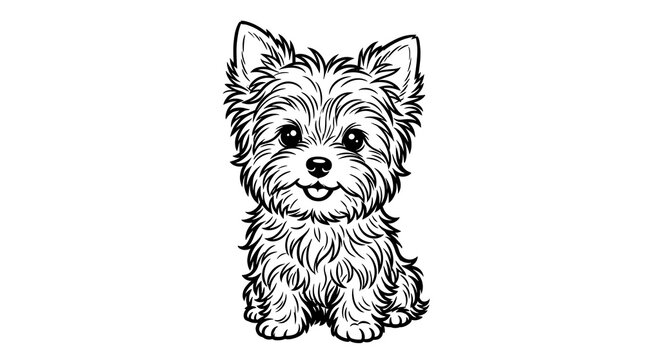 Cute cartoon Yorkshire Terrier puppy line art illustration sitting isolated on white background