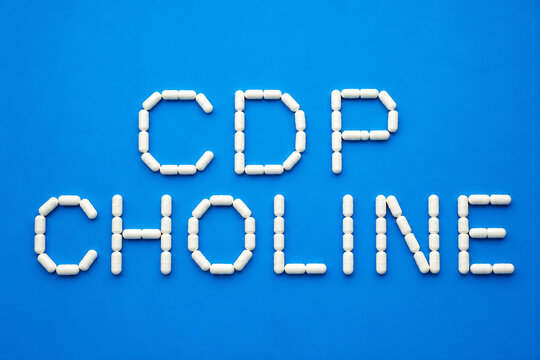 White pill representations spelling out CDP CHOLINE against a solid blue background.
