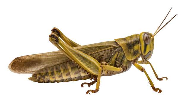 Green and yellow grasshopper insect with large wings and antennae