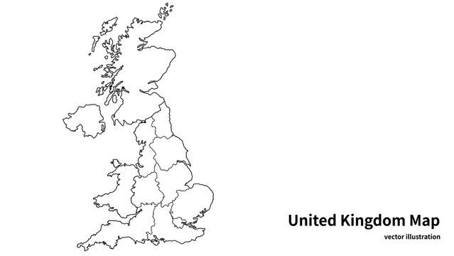 United Kingdom 2D Administrative Map with Countries, Minimal UK Regional Boundary Outline Linear Vector Illustration