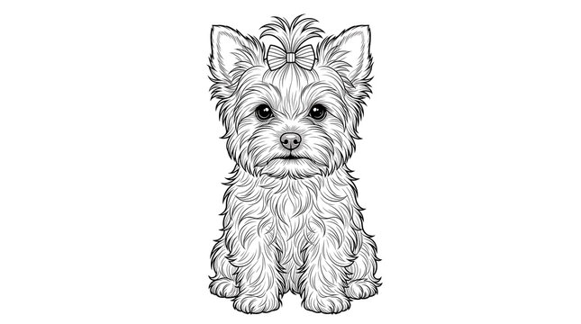 Cute Yorkshire Terrier puppy with hair bow line art illustration isolated on white background