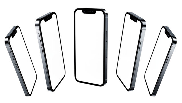 Multiple smartphones with blank screens angled on white