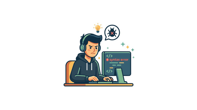 Frustrated Male Programmer Facing Coding Syntax Error and Software Bug Illustration