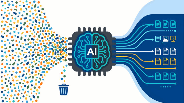 Flat Vector Illustration of AI Processing Data, Filtering Random Dots into Organized Files and Discarding Unnecessary Information into Trash Can, Digital Brain Chip Concept