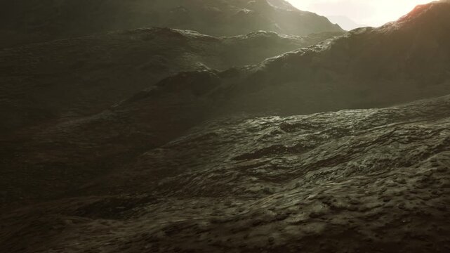 Rocks and hills are visible in a rugged area. A soft light shines over the surface, creating shadows and highlighting the textures. The setting shows a natural environment.