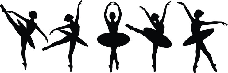Five Black Silhouettes of Ballerinas in Dance Poses on White Background ballet © MdRayhan