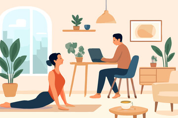 Fototapeta premium A woman practices yoga on a mat while a man works on his laptop at a desk in a cozy, plant-filled home interior, depicting a balanced remote work lifestyle.
