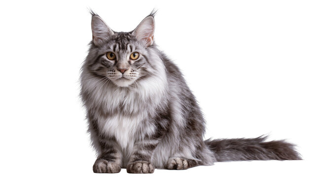 Maine Coon cat with silver tabby fur sitting
