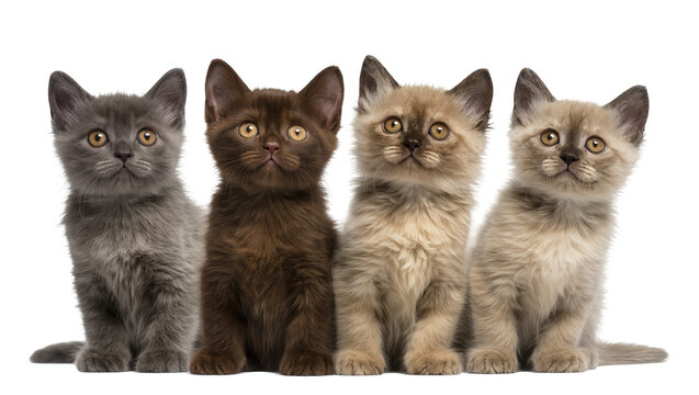 Four fluffy kittens of different colors sitting together