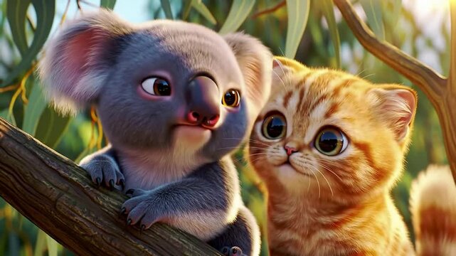 Baby Koala and Baby Kitten Cuddling on a Tree Branch in a Sunlit Green Environment with Soft Fluffy Fur