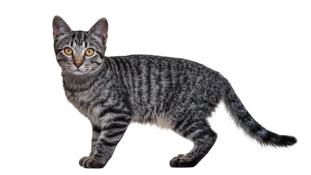 Tabby cat with striped fur and yellow eyes standing