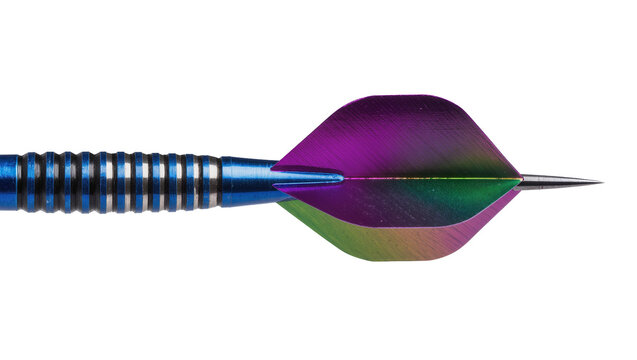 Blue metal dart with iridescent purple and green flights