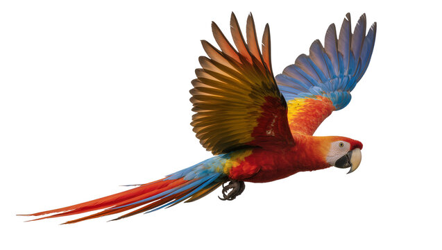 Scarlet Macaw parrot in flight with colorful wings and long tail