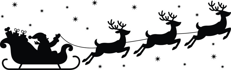 Silhouette of Santa Claus in a sleigh pulled by reindeer with stars Christmas holiday © MdRayhan