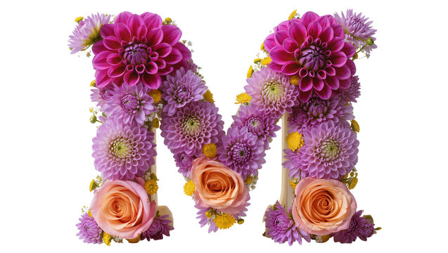Letter M floral arrangement with dahlias and roses