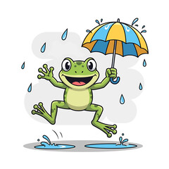 Obraz premium Cartoon Frog Holding Colorful Umbrella.
