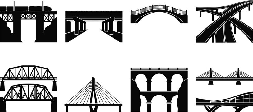 Bridge Silhouette Collection Featuring Railway, Highway, Arch, Suspension, and Cable Stayed Bridge Vector Set