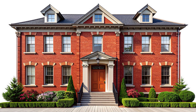 Classic red brick townhouse with elegant windows, decorative entrance, realistic architectural details, isolated on transparent background, PNG
