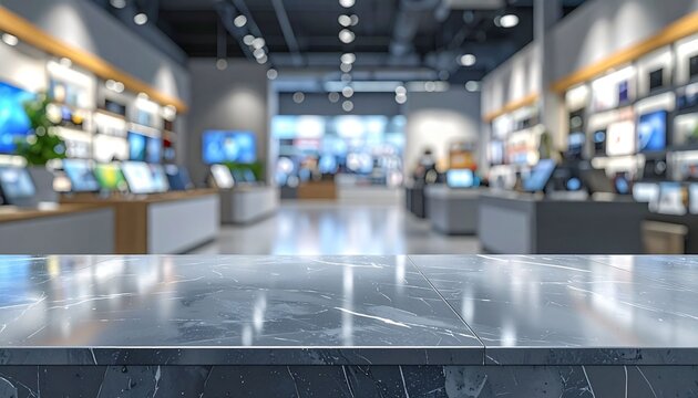 An empty grey counter set against a blurred background of an electronics store&mdash;ideal for displaying or showcasing your products.