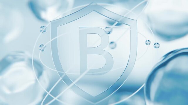 Vitamin B complex Blue shield symbol in 3D animation abstract background. Niacinamide and biotin molecular structure background with transparent liquid cells and rotating structures