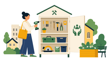 Naklejka premium Woman shopper selecting gardening tools near outdoor shed display.