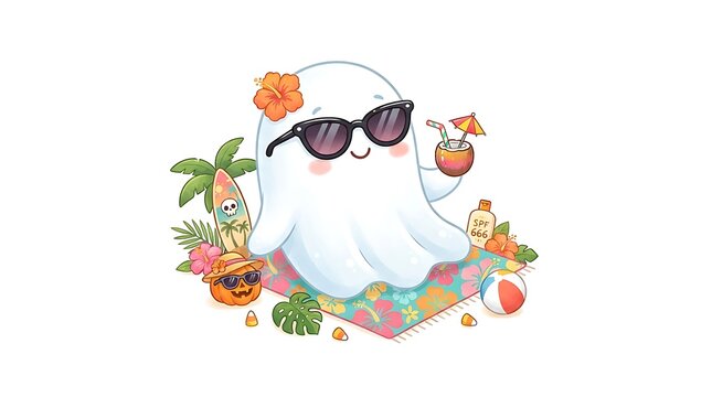 Cute ghost wearing sunglasses on a beach with tropical vibes