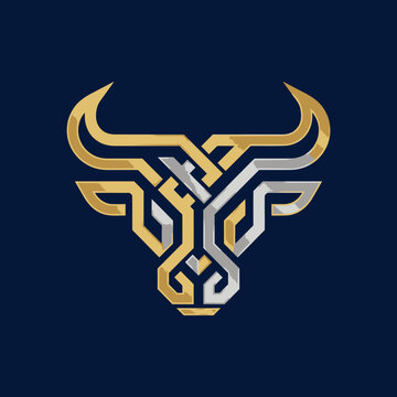 Bull head logo with gold celtic knotwork pattern.