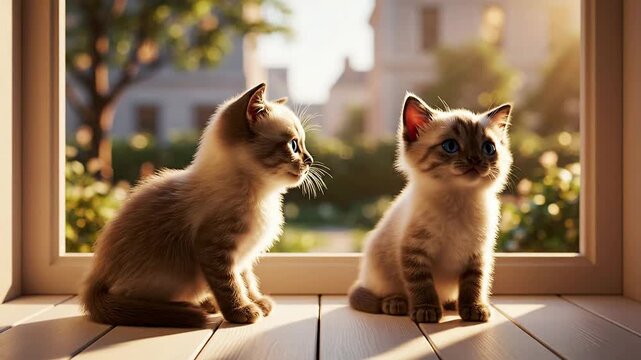 Two Adorable Baby Kittens Sitting On A Windowsill During Golden Hour With Fluffy Fur Glowing In Warm Light