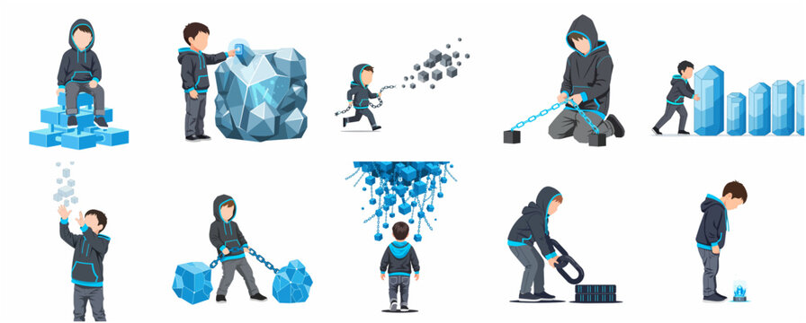 Set of boy character illustrations depicting blockchain technology, cryptocurrency mining, and digital asset concepts with blue crystals and blocks