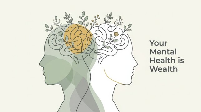 World Mental Health Day Two human profiles facing away with brain tree growth illustrating your mental health is wealth concept for awareness campaigns