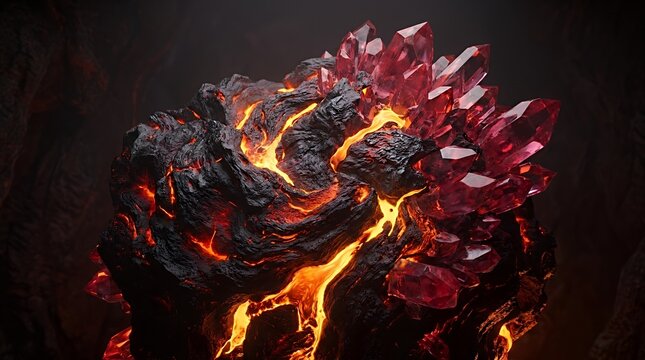 Glowing lava crystals on dark volcanic rock surface.