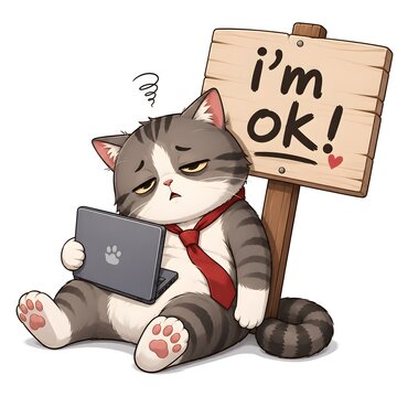 A cute, modern vector-style digital illustration depicting a tired, fat cat holding a laptop while sitting on the floor. The character has a tired expression, reflecting work fatigue.