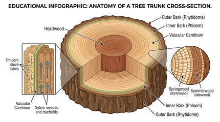 Educational infographic shows a detailed cross-section of tree trunk © Nur