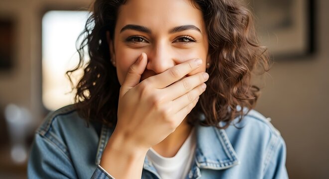 Young woman laughing, covering mouth with hand, wearing denim jacket