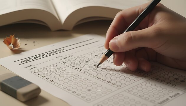 A student's hand fills in bubbles on a standardized test answer sheet with a pencil, alongside an open textbook, eraser, and pencil shavings.