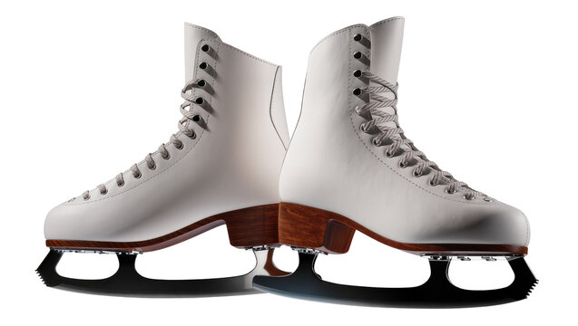 White leather figure skates with wooden heels and black blades