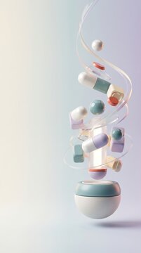 Floating abstract medication capsules and pills with clear ribbons in a falling motion